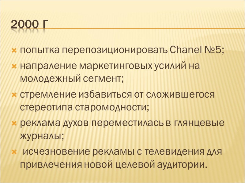 2000 г  попытка перепозиционировать Chanel №5; напраление маркетинговых усилий на молодежный сегмент; 